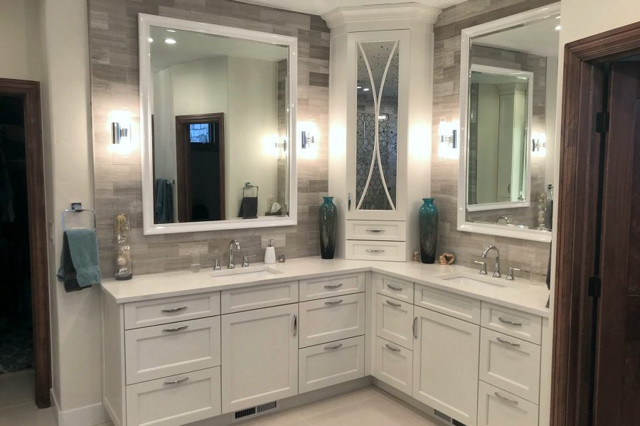 White double vanity with stone-look tile