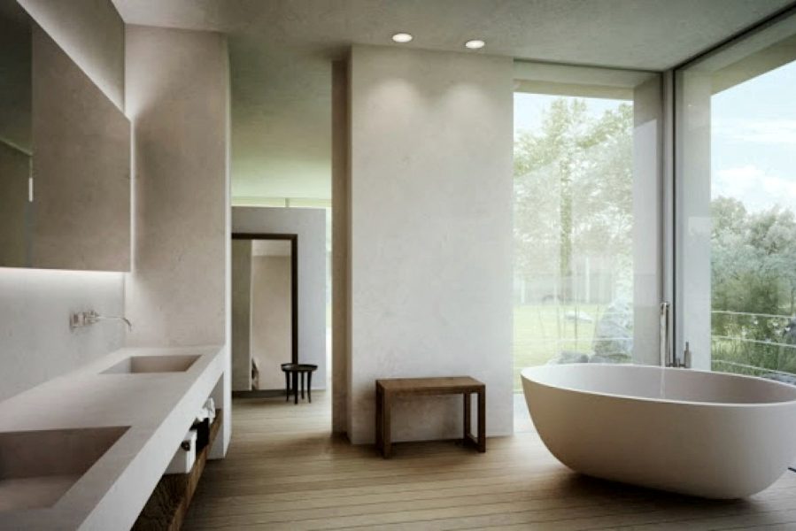 Spa bath with soaking tub and garden view