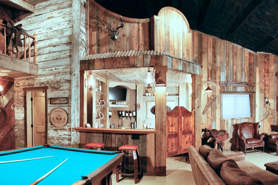 Western-themed basement with pool table