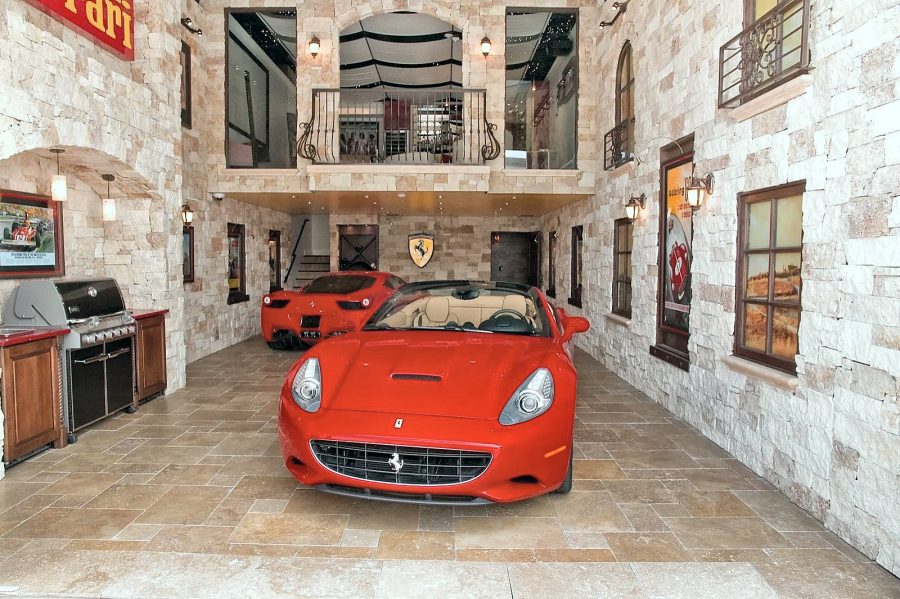 Stone-clad garage showroom with grill station