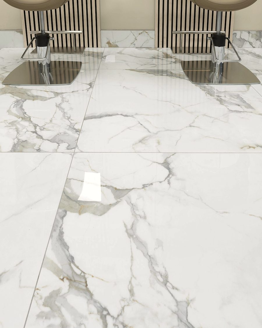 Large-format marble tile floor in a commercial interior